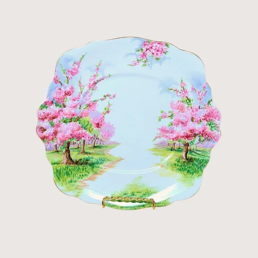 Mid-Century Royal Albert Blossom Time Bone China Cake Plate And Trinket Dish Set